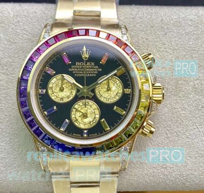 IPK Factory Replica Swiss Rolex Daytona Rainbow Diamond Bezel Yellow Gold Case Watch